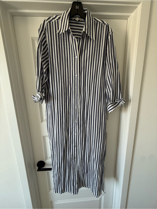Vince Dresses & Skirts - Vince Navy Blue White Vertical Striped Coastal Midi Buttondown Shirt Dress Small